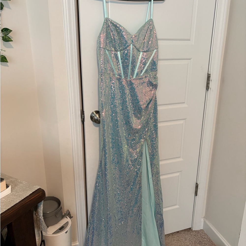 Lulu's Light Blue iridescent Dress with corset detail